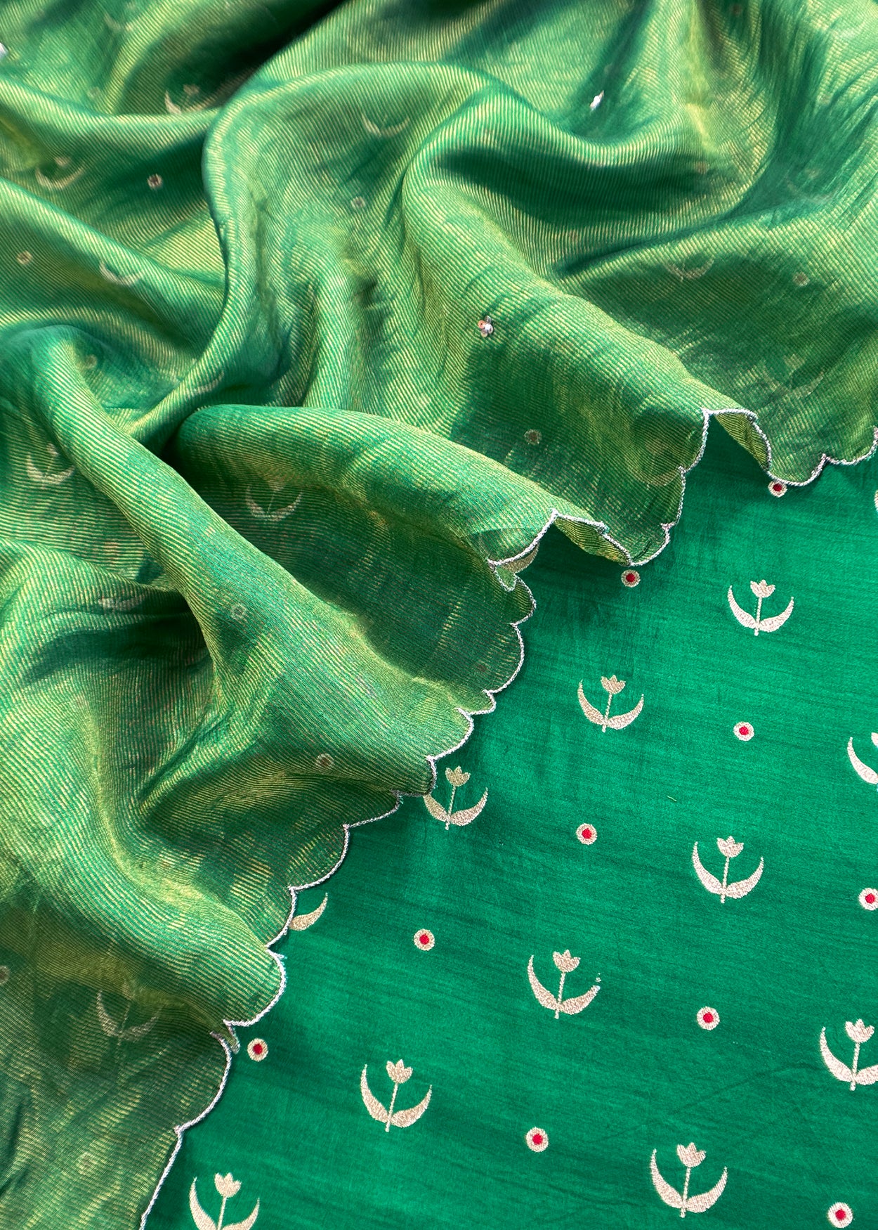 Green Chaandbaali Pure Satin Silk Kurta and Tissue Silk Dupatta with Handwork