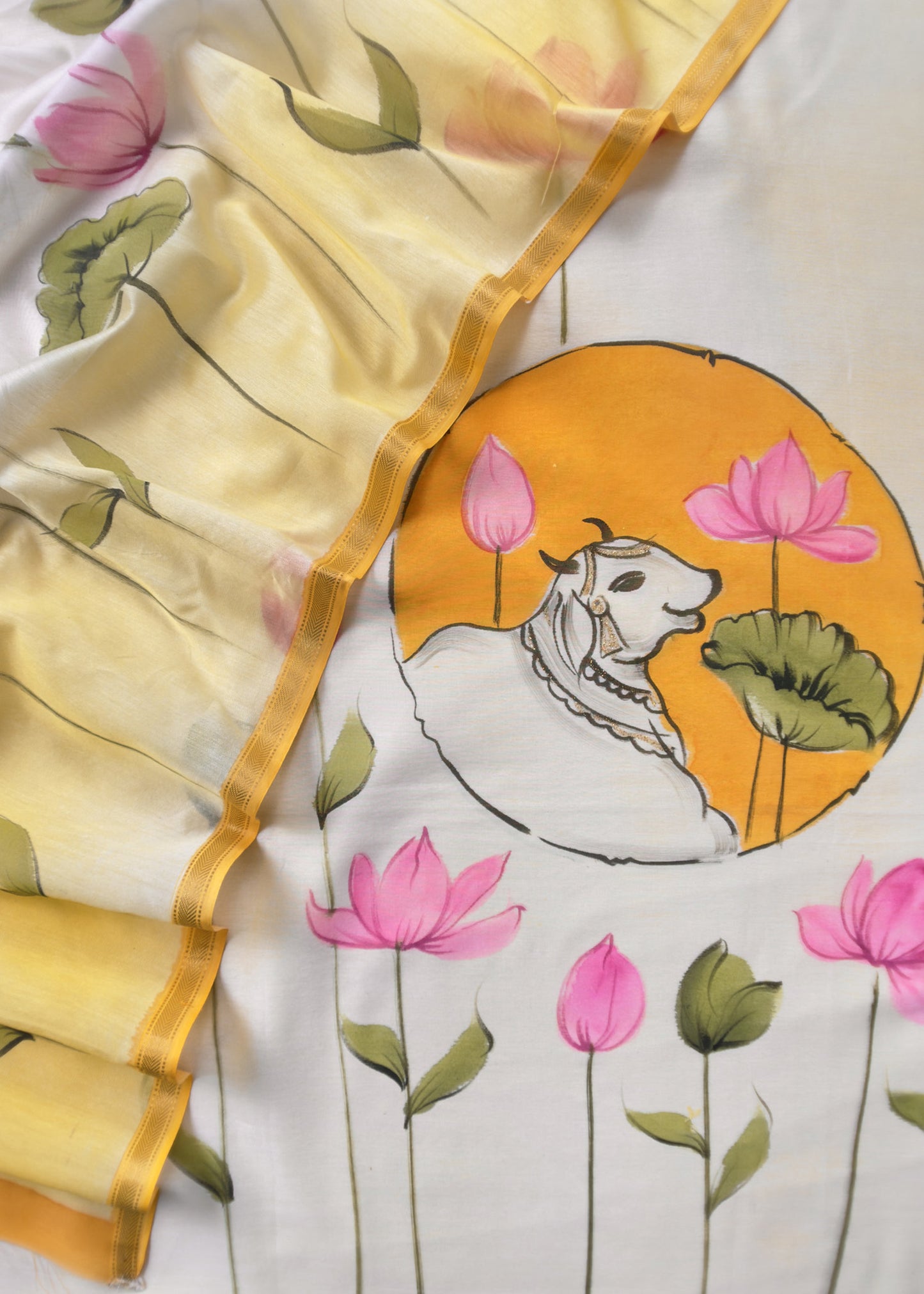 Yellow Hand painted Cow Suit In Maheshwari