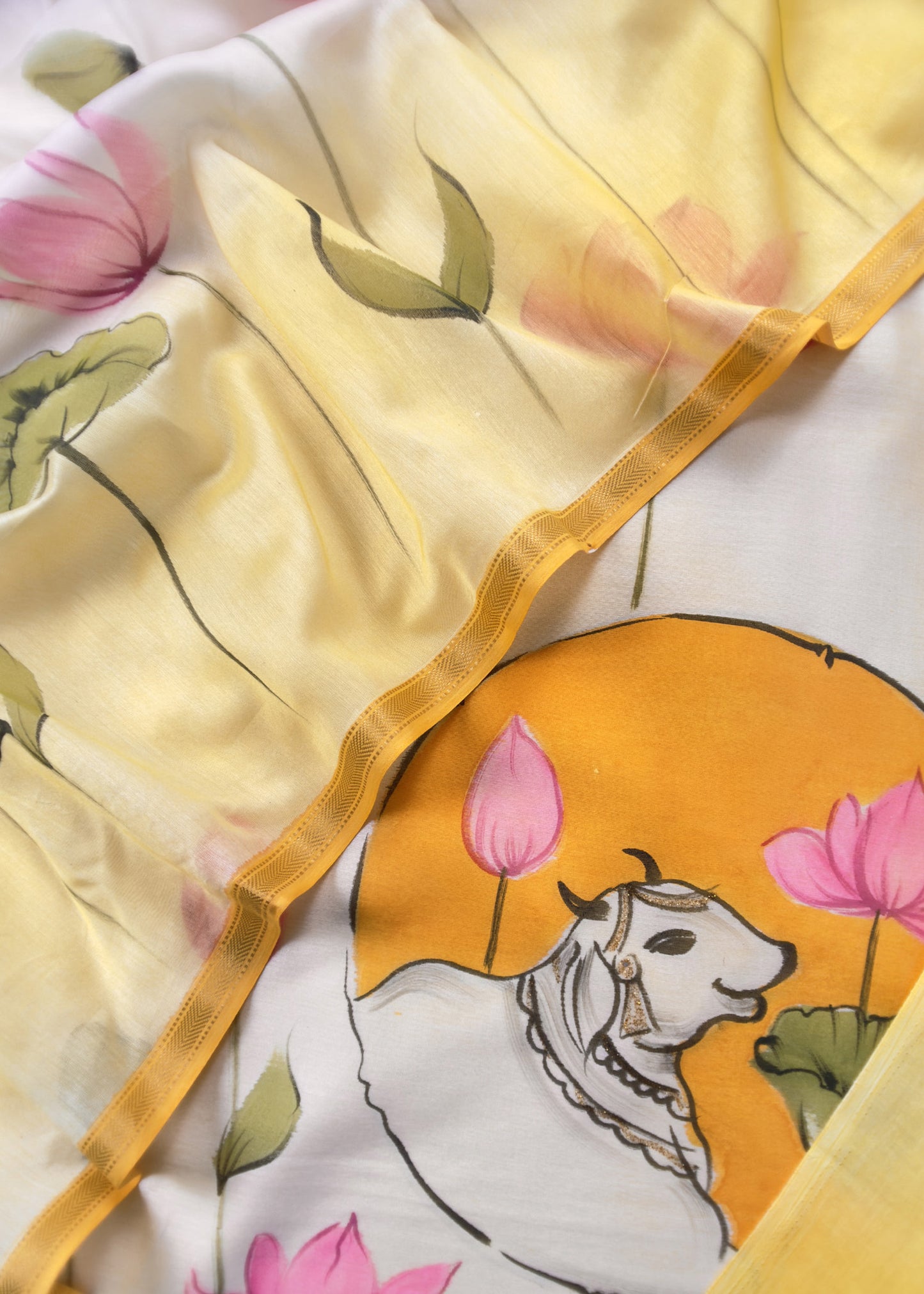 Yellow Hand painted Cow Suit In Maheshwari
