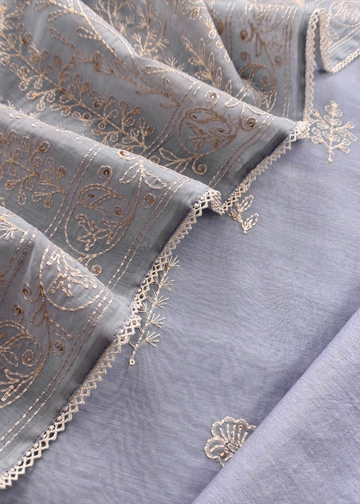 Lavender Premium Summers Handloom Mul Kurta With Resham Thread Embroidery