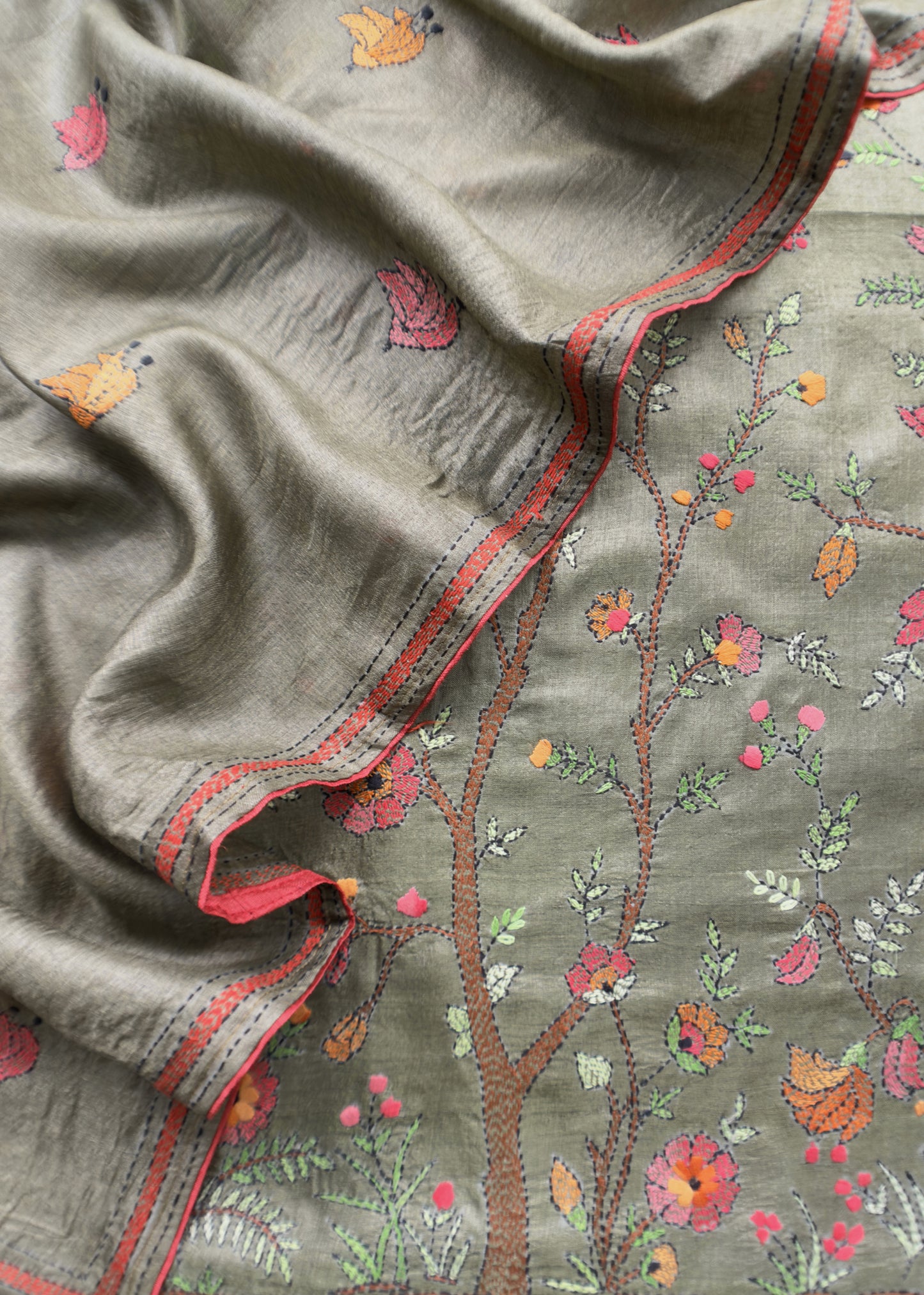 Mehandi Green Kantha Embroidered Unstitched Suit In Handloom Tussar Silk