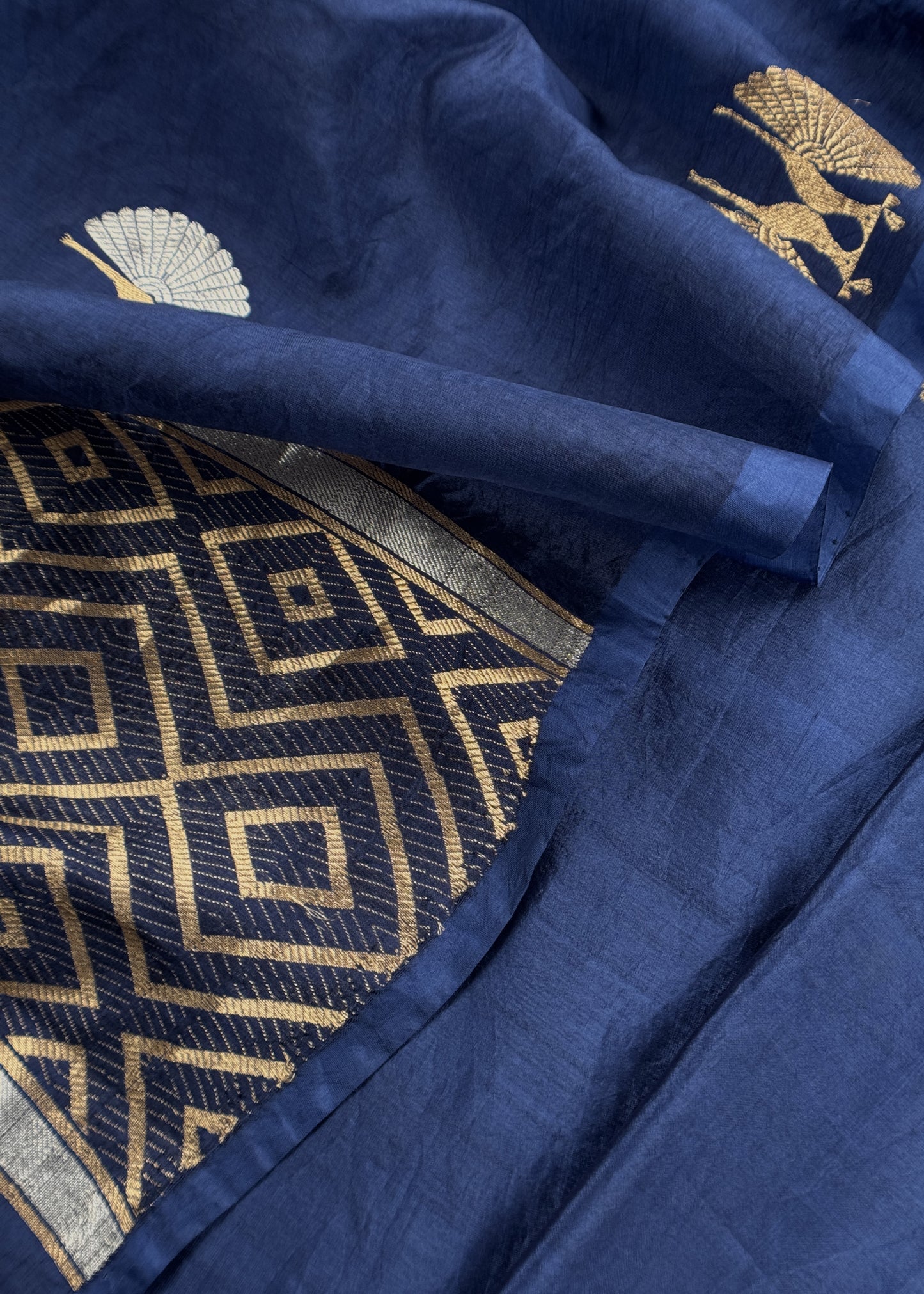 Midnight Blue Handloom Silk Unstitched Suit Fabric With Kadwa Weaving