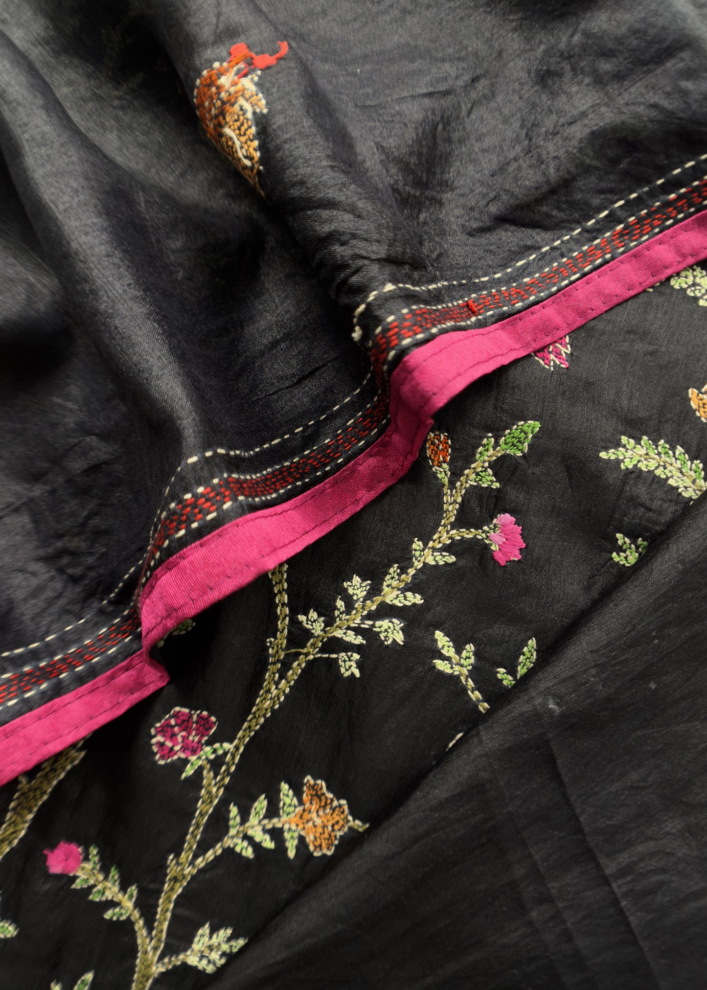 Black Kantha Embroidered Unstitched Suit In Handloom Tussar Silk