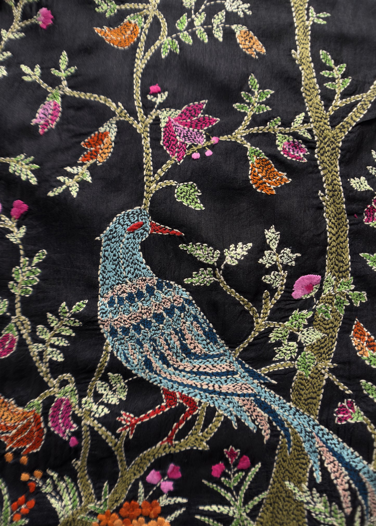 Black Kantha Embroidered Unstitched Suit In Handloom Tussar Silk