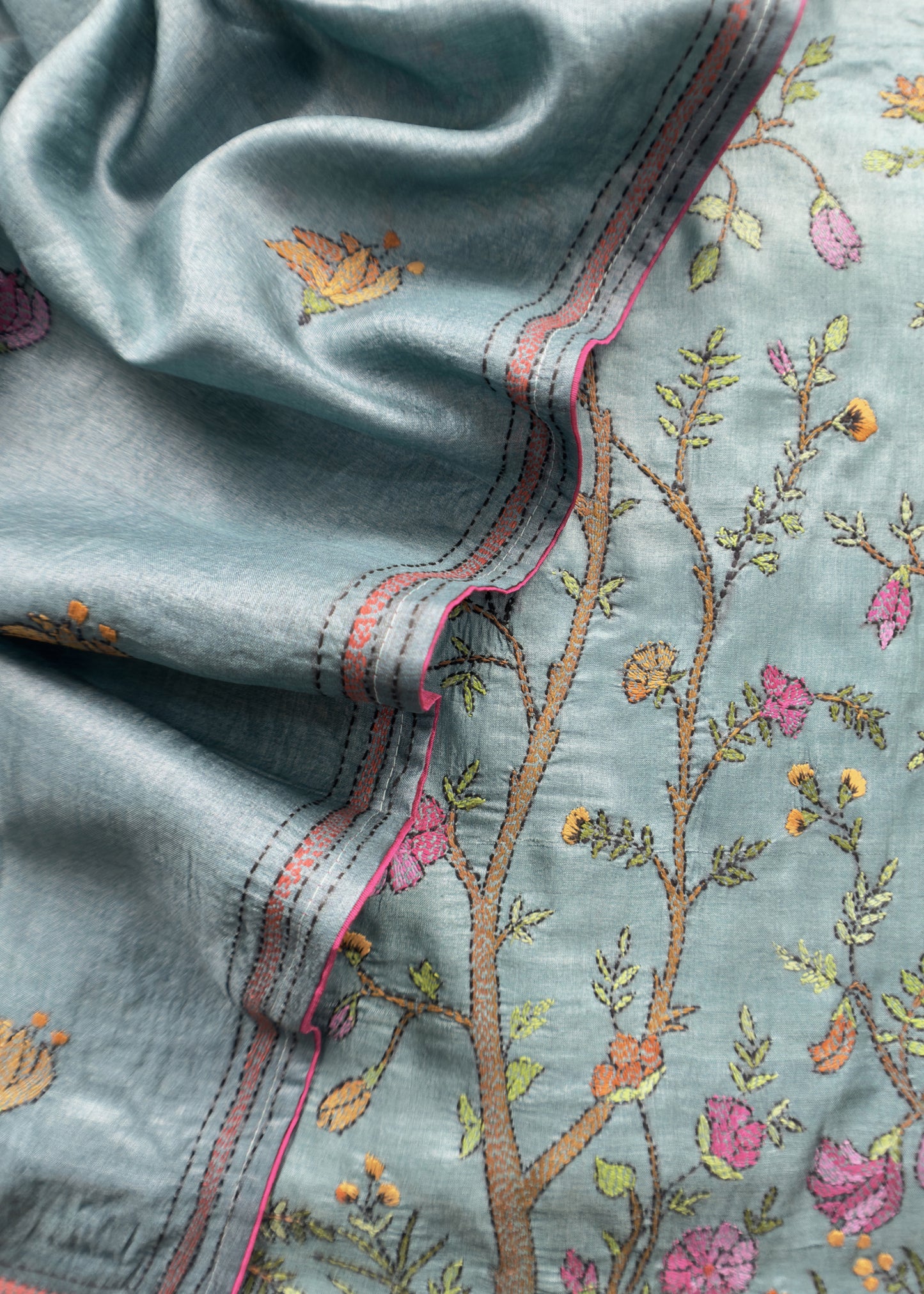 Steel Blue Kantha Embroidered Unstitched Suit In Handloom Tussar Silk