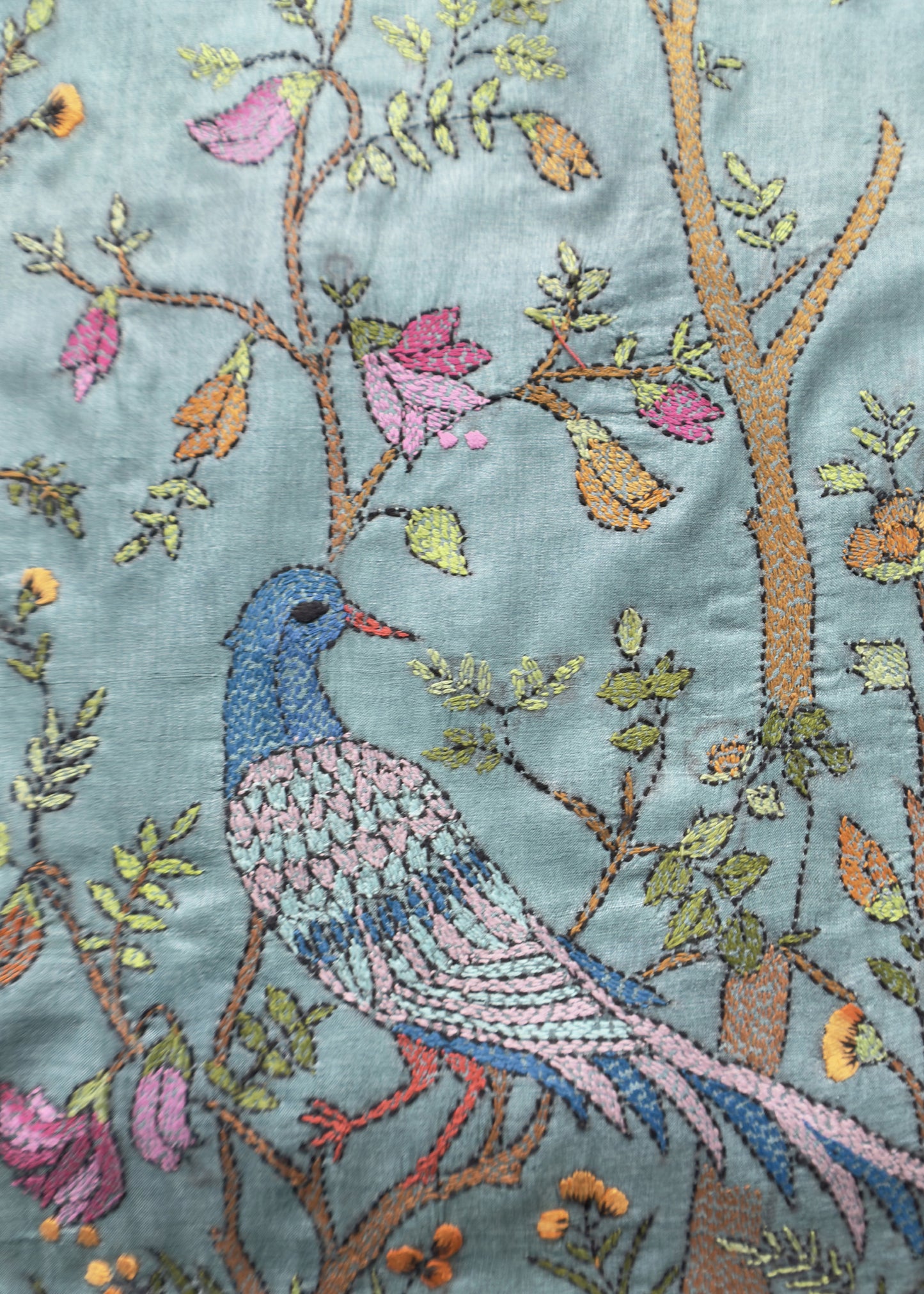 Steel Blue Kantha Embroidered Unstitched Suit In Handloom Tussar Silk