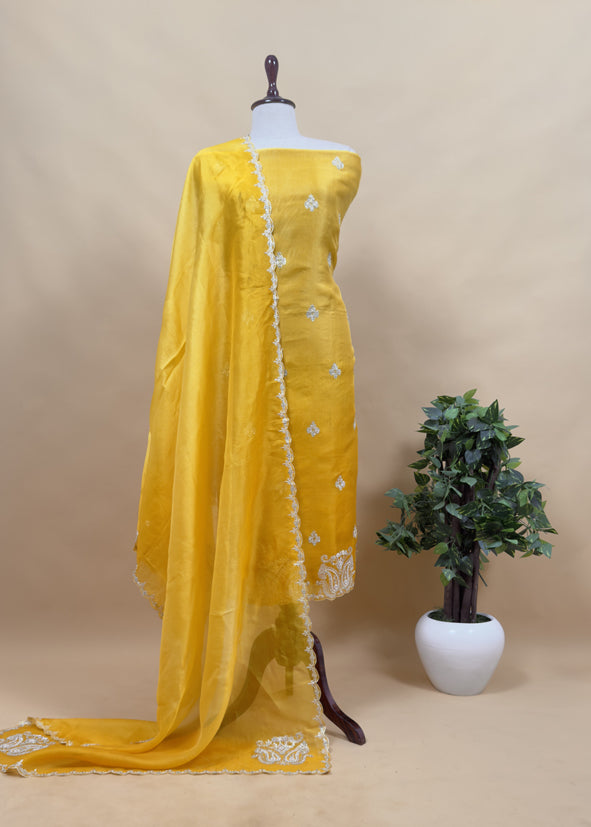 Sunflower Yellow Kora Silk Suit Fabric With Dori And Dabka Embroidery