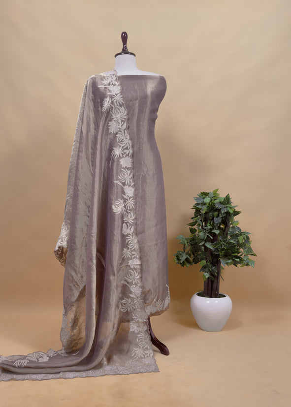 Pink Aari Embroidery Tissue Silk Suit In Applique Work