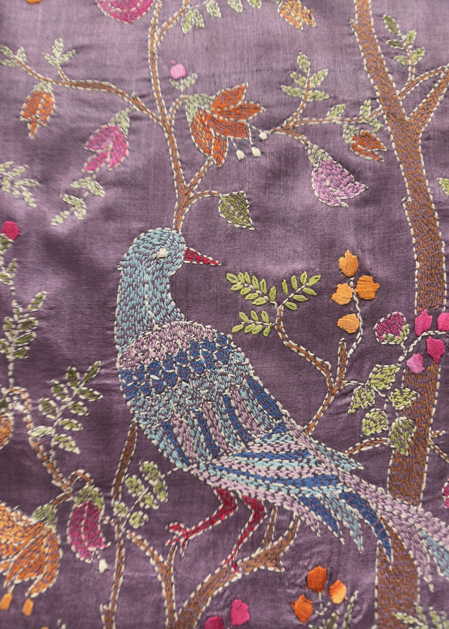 Indigo Purple Kantha Embroidered Unstitched Suit In Handloom Tussar Silk