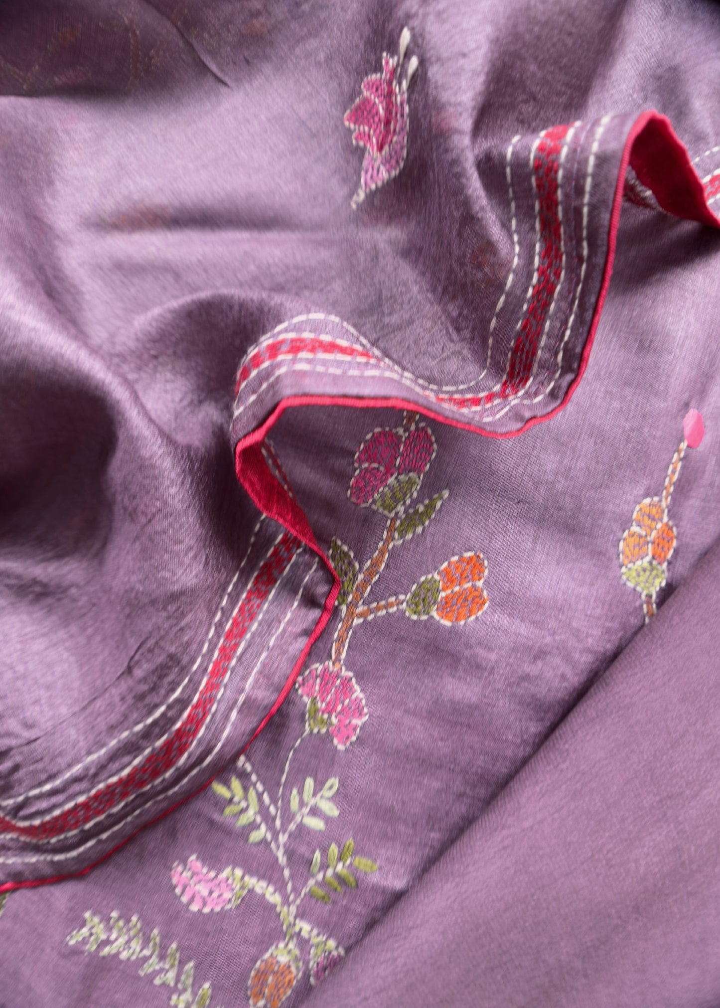 Indigo Purple Kantha Embroidered Unstitched Suit In Handloom Tussar Silk