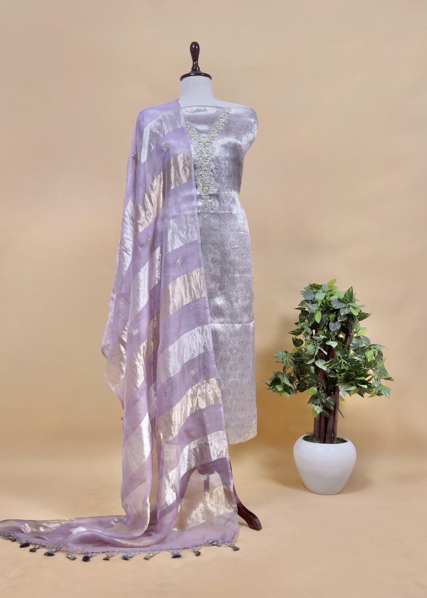 Purple Varanasi Brocade Silk Kurta And Double Panel Tissue Dupatta With Handwork