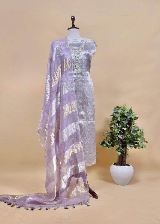 Purple Varanasi Brocade Silk Kurta And Double Panel Tissue Dupatta With Handwork