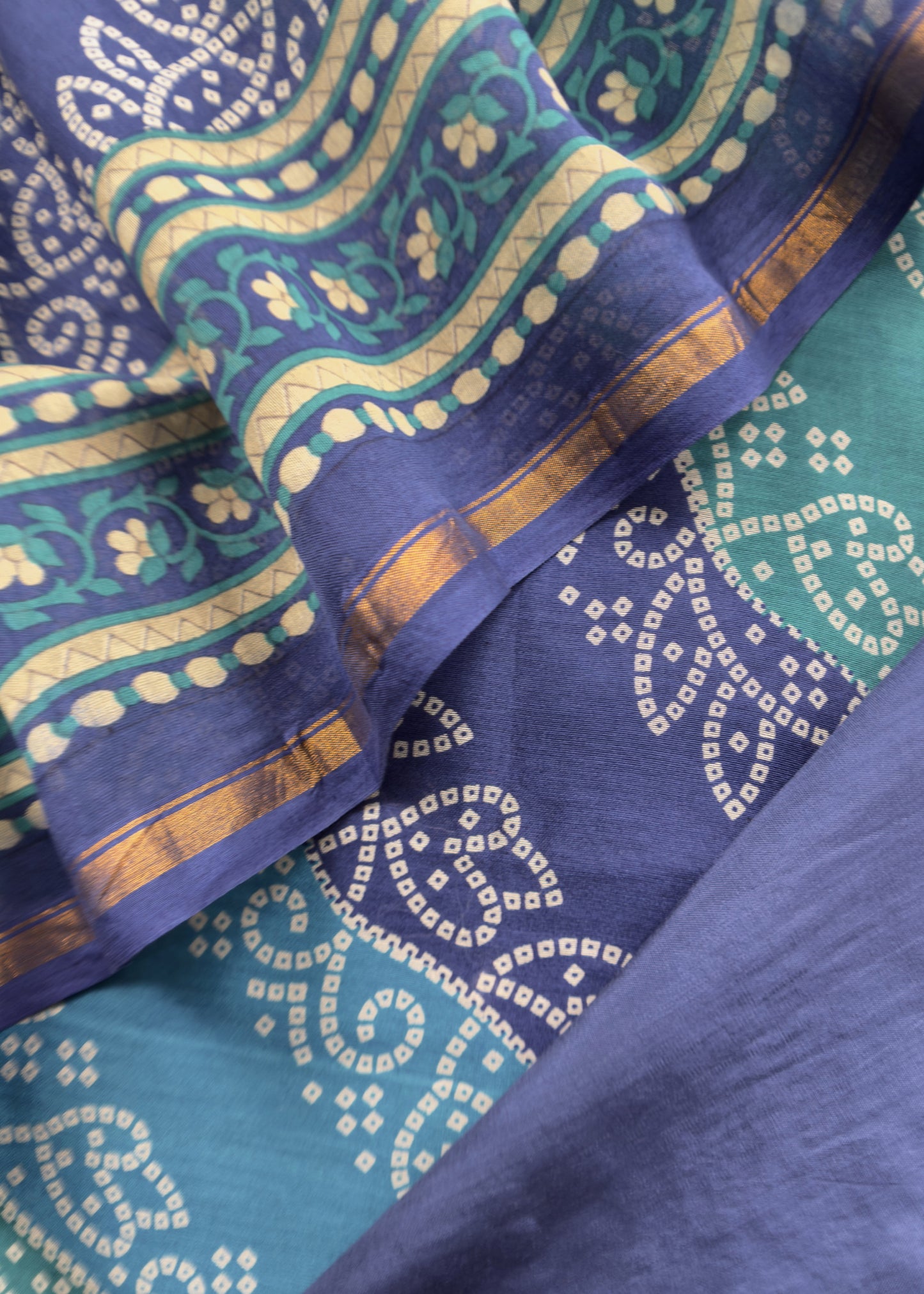Blue And Purple Bandhani Suit In Maheshwari Silk