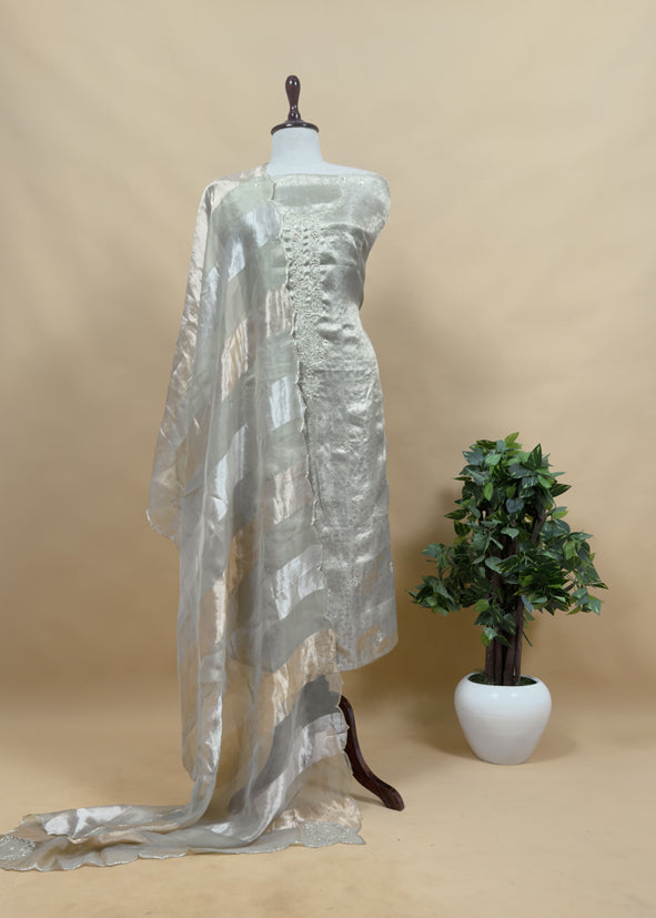 Pista Green Varanasi Brocade Silk Kurta and Double panel Tissue Dupatta With Handwork