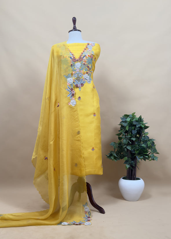 Garden Of Dreams Luxe Green Handloom Kora Silk Suit Fabric With Appliqué Work And French Thread Embroidery