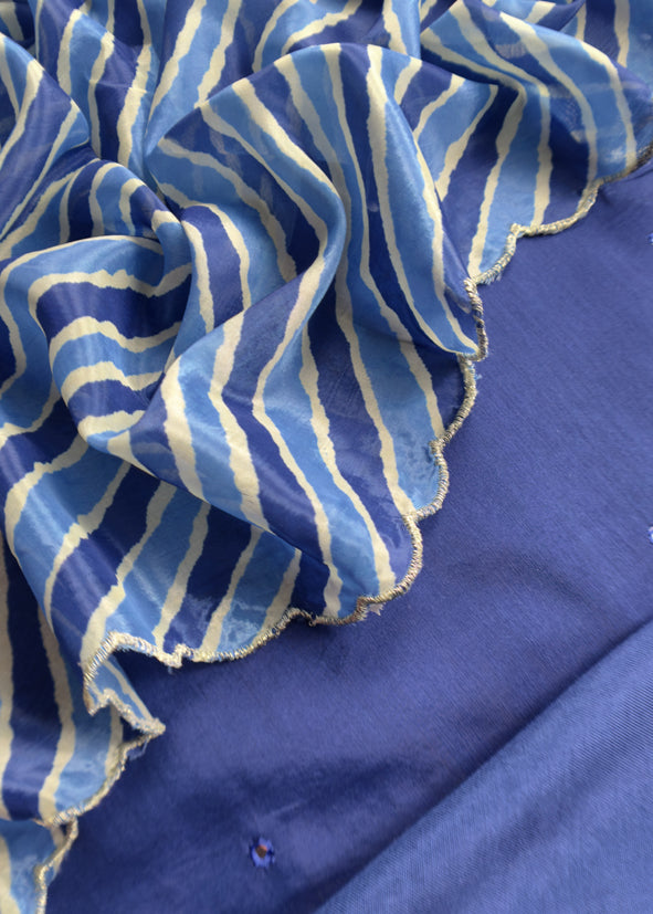 Blue Mul Chanderi Unstitched Suit With Lehariya Dupatta
