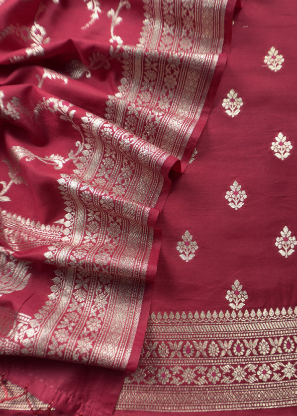 Pink Banarasi Suit In Mulberry Silk With Jacuard Weaving