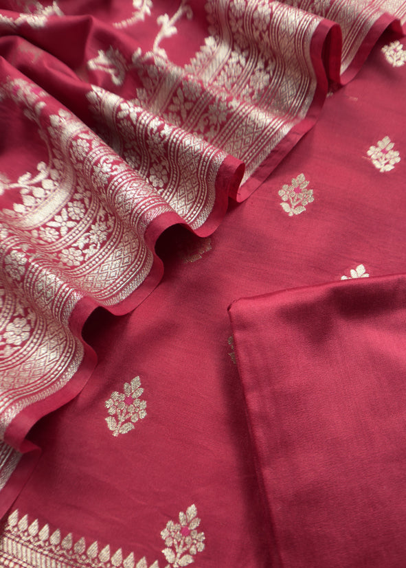 Pink Banarasi Suit In Mulberry Silk With Jacuard Weaving