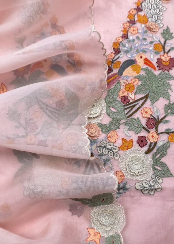 Garden Of Dreams Luxe Baby Pink Handloom Kora Silk Suit Fabric With Appliqué Work And French Thread Embroidery