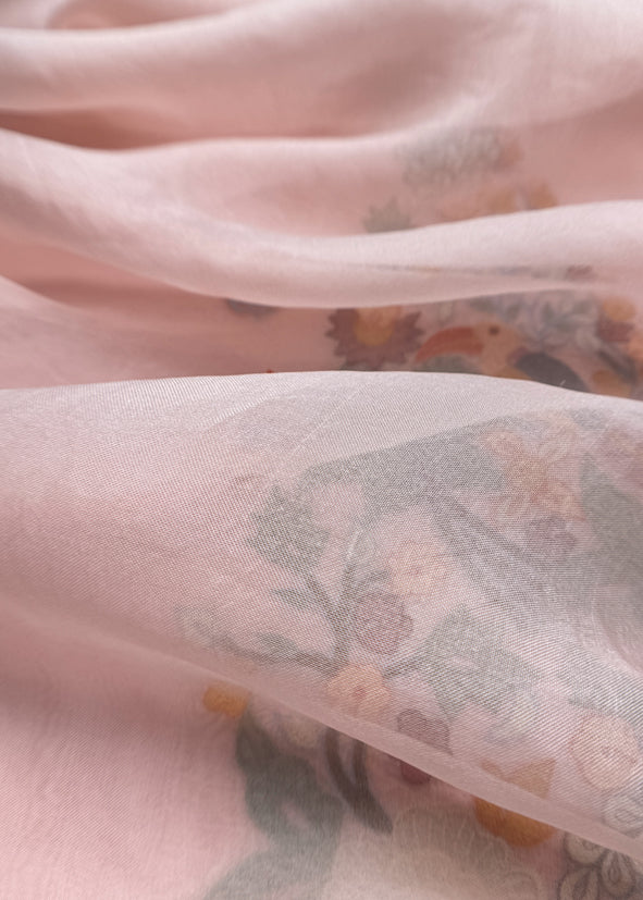 Garden Of Dreams Luxe Baby Pink Handloom Kora Silk Suit Fabric With Appliqué Work And French Thread Embroidery