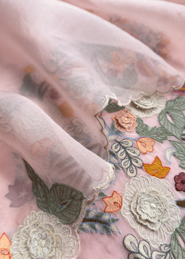 Garden Of Dreams Luxe Baby Pink Handloom Kora Silk Suit Fabric With Appliqué Work And French Thread Embroidery