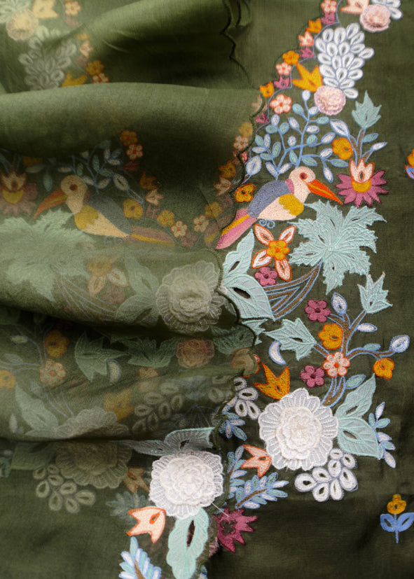 Garden Of Dreams Luxe Green Handloom Kora Silk Suit Fabric With Appliqué Work And French Thread Embroidery