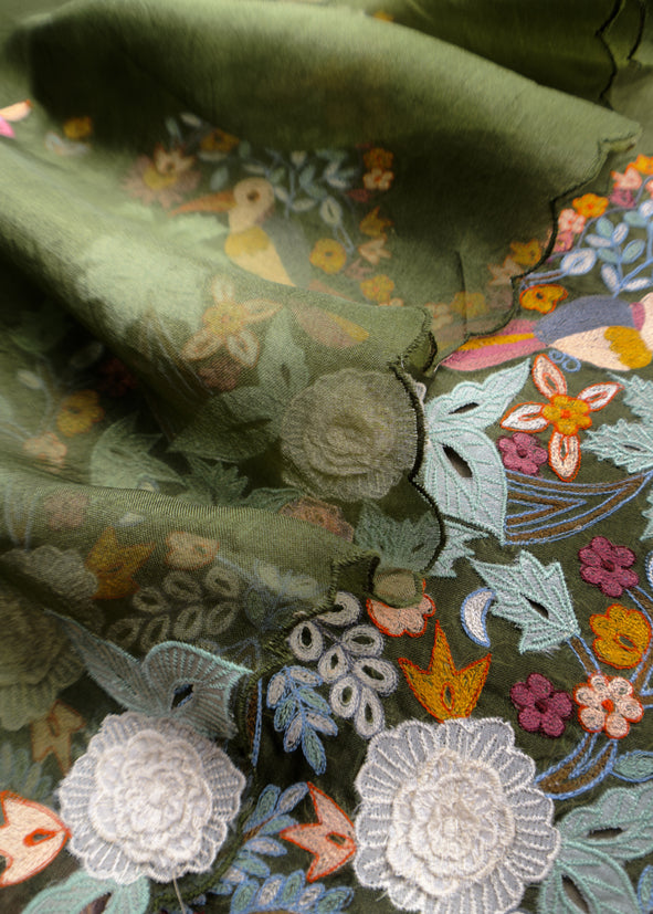 Garden Of Dreams Luxe Green Handloom Kora Silk Suit Fabric With Appliqué Work And French Thread Embroidery