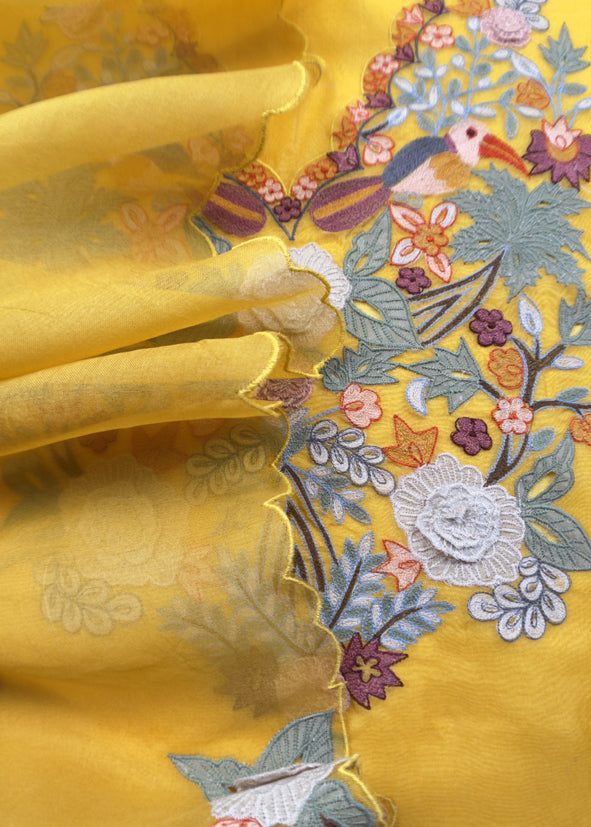 Garden Of Dreams Luxe Yellwo Handloom Kora Silk Suit Fabric With Appliqué Work And French Thread Embroidery