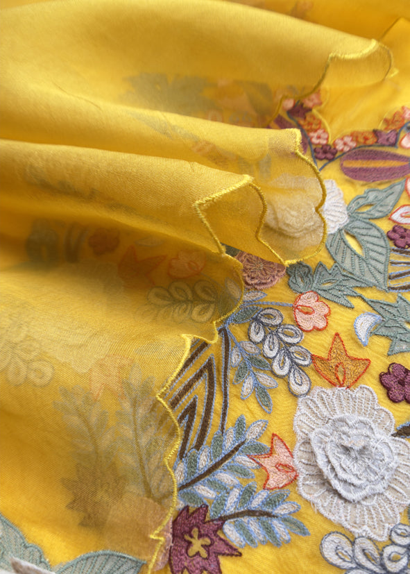 Garden Of Dreams Luxe Yellwo Handloom Kora Silk Suit Fabric With Appliqué Work And French Thread Embroidery