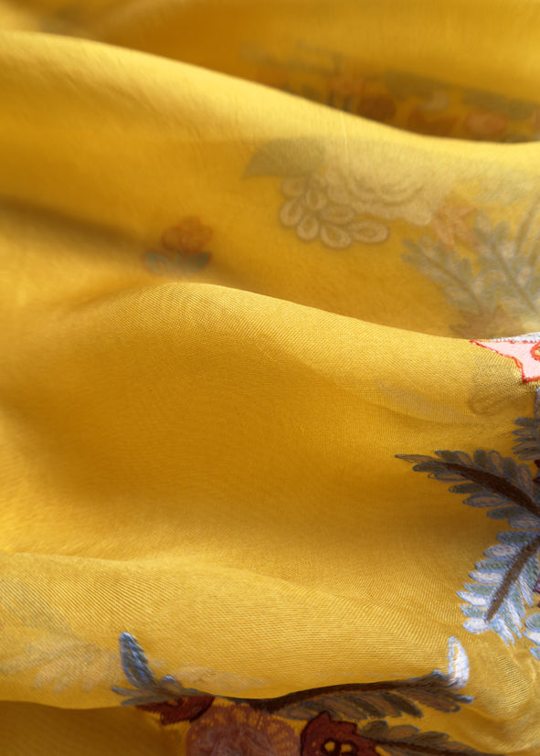 Garden Of Dreams Luxe Yellwo Handloom Kora Silk Suit Fabric With Appliqué Work And French Thread Embroidery