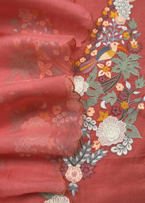 Garden Of Dreams Luxe Rust Orange Handloom Kora Silk Suit Fabric With Appliqué Work And French Thread Embroidery