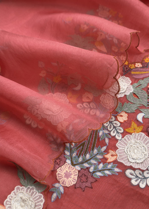 Garden Of Dreams Luxe Rust Orange Handloom Kora Silk Suit Fabric With Appliqué Work And French Thread Embroidery