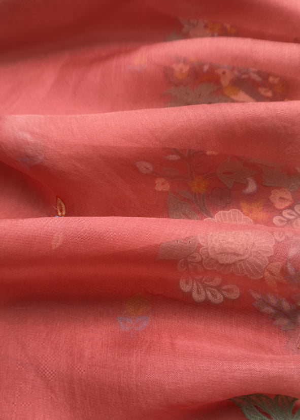 Garden Of Dreams Luxe Rust Orange Handloom Kora Silk Suit Fabric With Appliqué Work And French Thread Embroidery