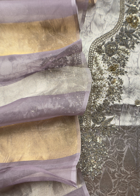 Purple Gold Varanasi Brocade Silk Kurta And Double Panel Tissue Dupatta With Handwork