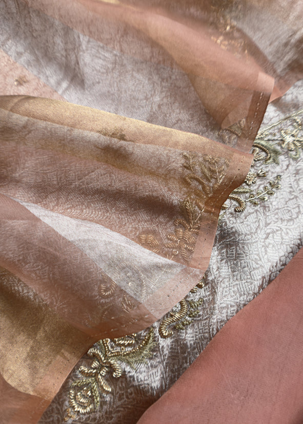 Peach Varanasi Brocade Silk Kurta And Double Panel Tissue Dupatta With Handwork