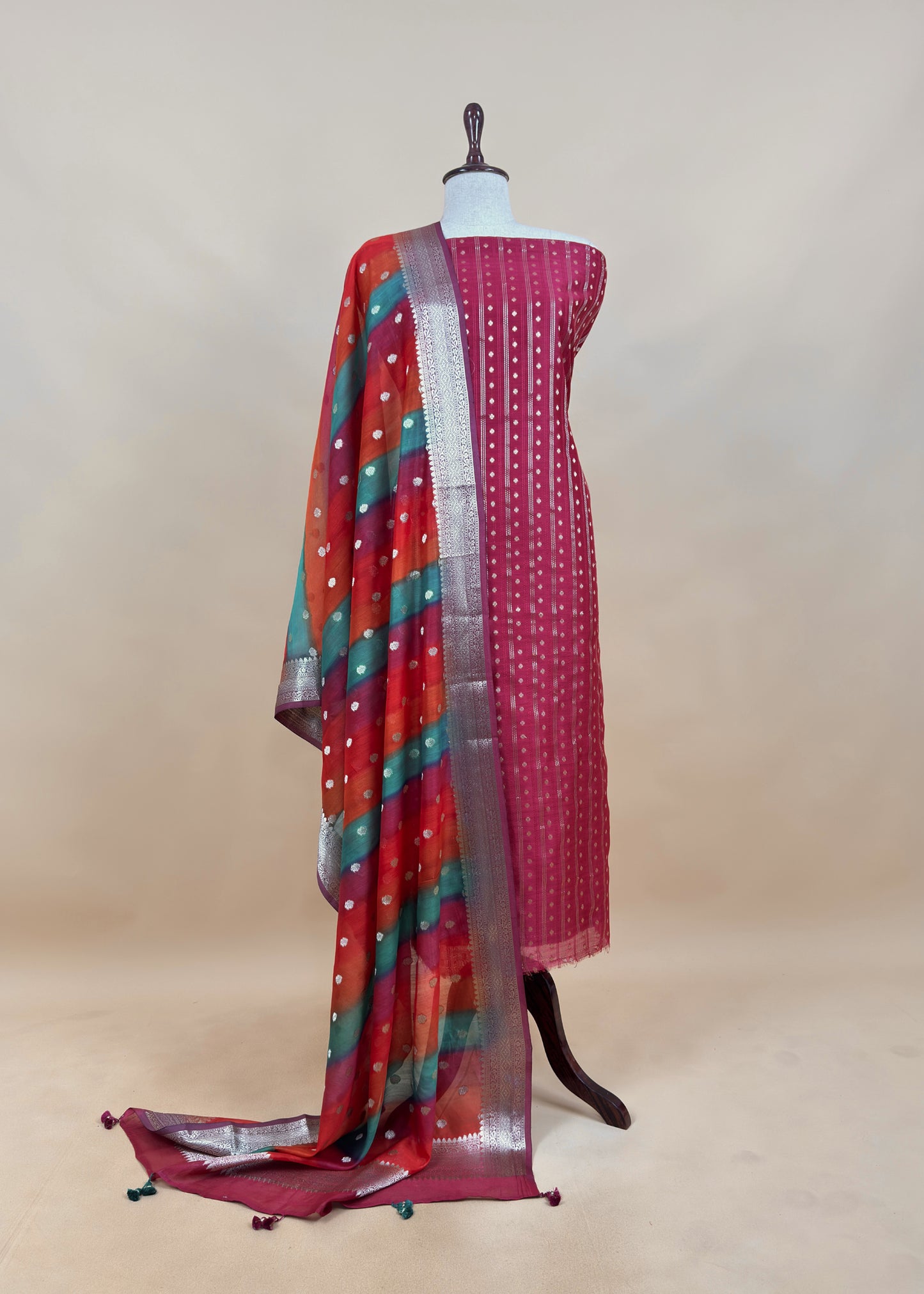 Jungle Green Banarasi Silk Suit With Double Shade Dupatta