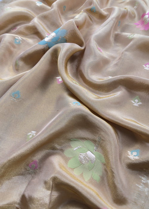 Beige Pure Handwoven Tissue Suit Silk With Meenakari Weaving