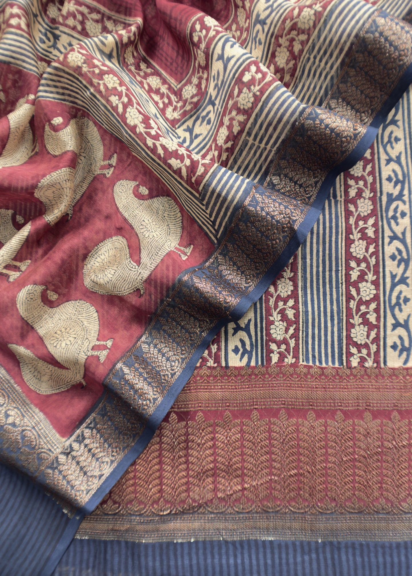 Beige with Blue and Maroon Maheshwari Silk Suit with Zari Weaving