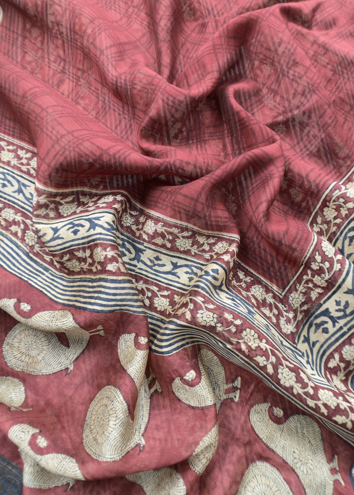 Beige with Blue and Maroon Maheshwari Silk Suit with Zari Weaving