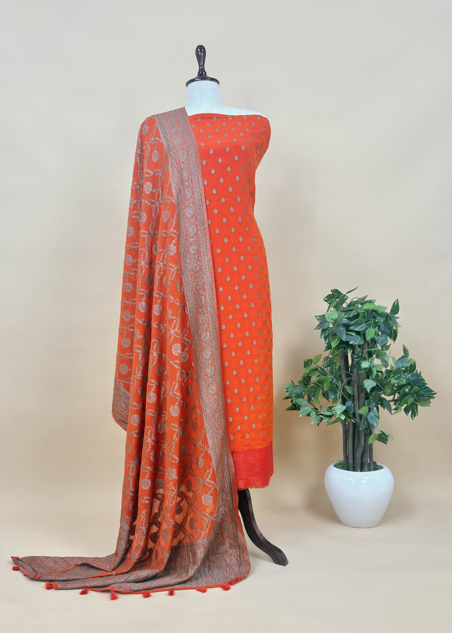 Saffron Georgette Silk suit fabric with Zari weaving
