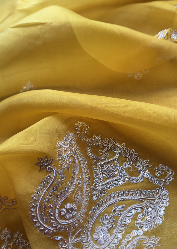 Sunflower Yellow Kora Silk Suit Fabric With Dori And Dabka Embroidery