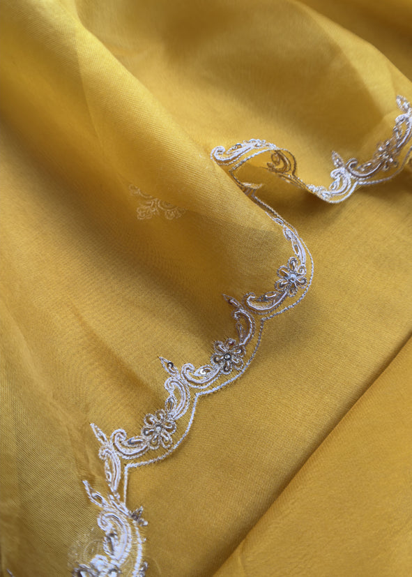 Sunflower Yellow Kora Silk Suit Fabric With Dori And Dabka Embroidery