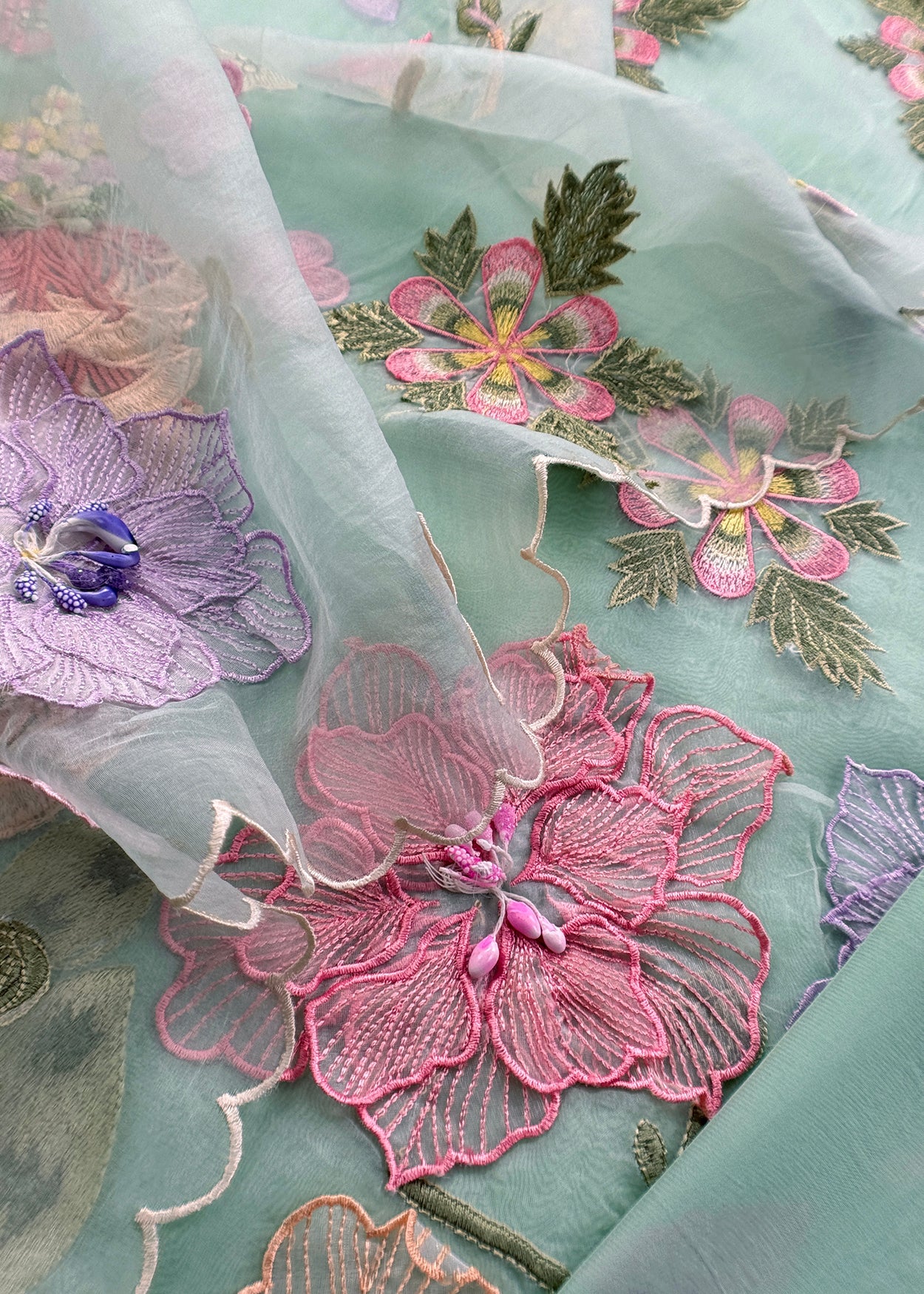 Light Blue Pastel Gardens Handloom Organza Embroidered Suit Set with 3d Applique Work
