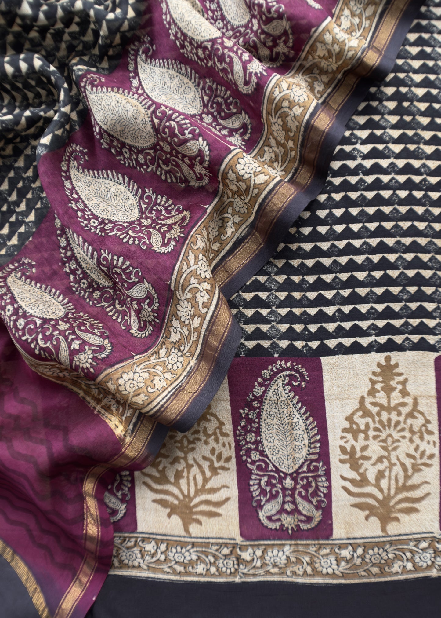 Wine Handloom Maheshwari Silk Suit With Hand Block Print