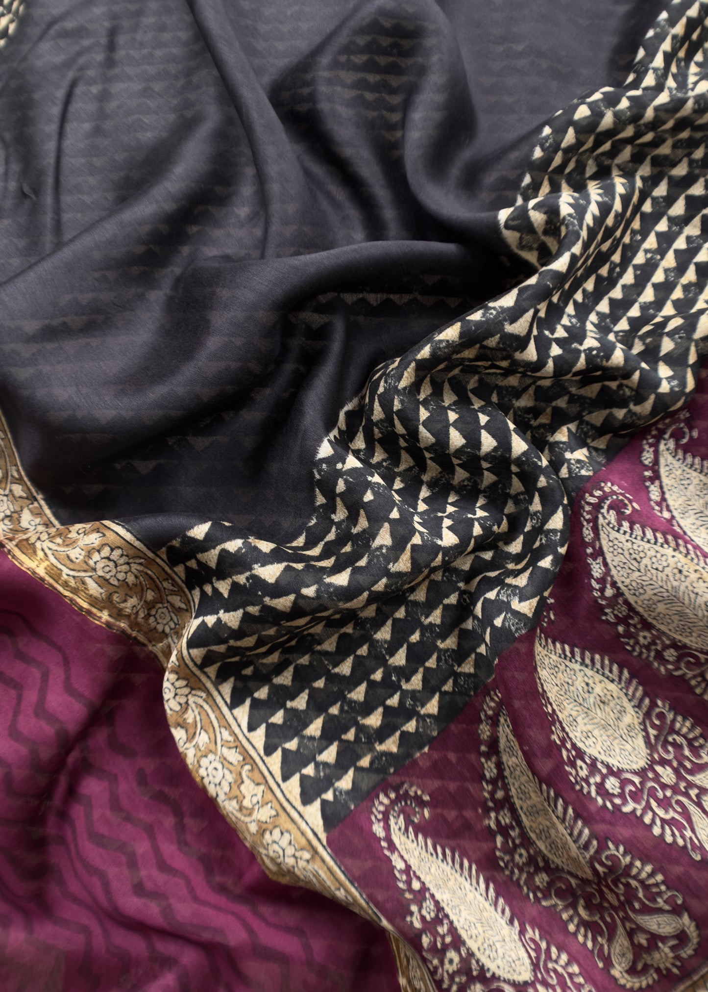 Wine Handloom Maheshwari Silk Suit With Hand Block Print
