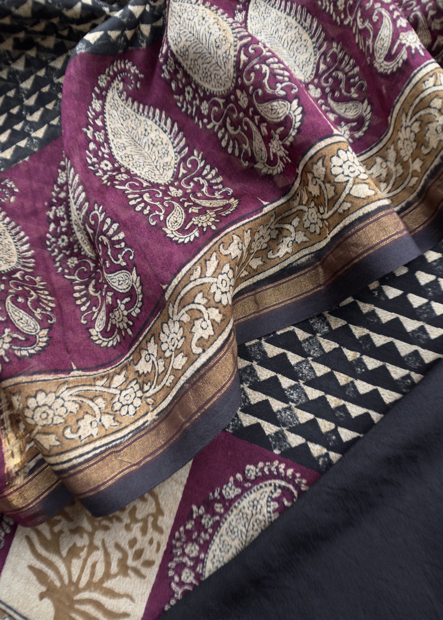 Wine Handloom Maheshwari Silk Suit With Hand Block Print