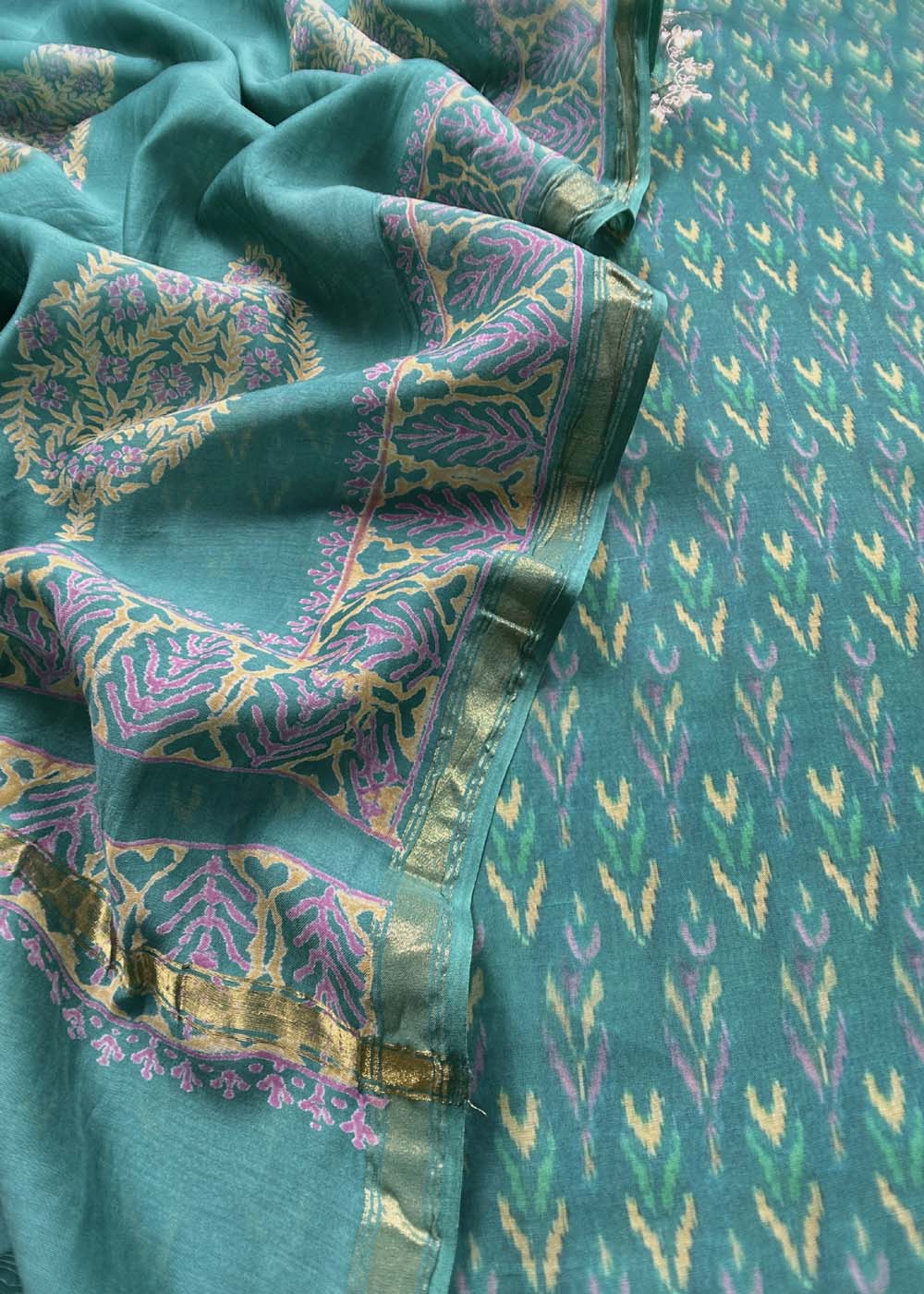 Green Soft Tussar Ikat Printed Suit