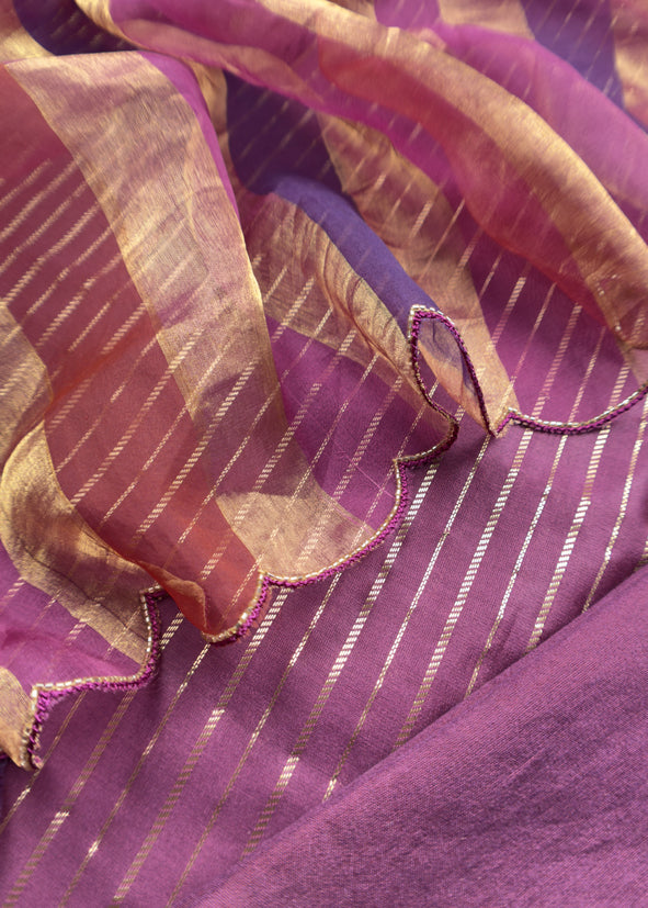 Blingy Wine Handloom Silk Kurta With Tissue Silk Double Panel Zari Dupatta