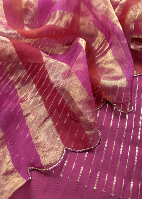 Blingy Pink Handloom Silk Kurta With Tissue Silk Double Panel Zari Dupatta