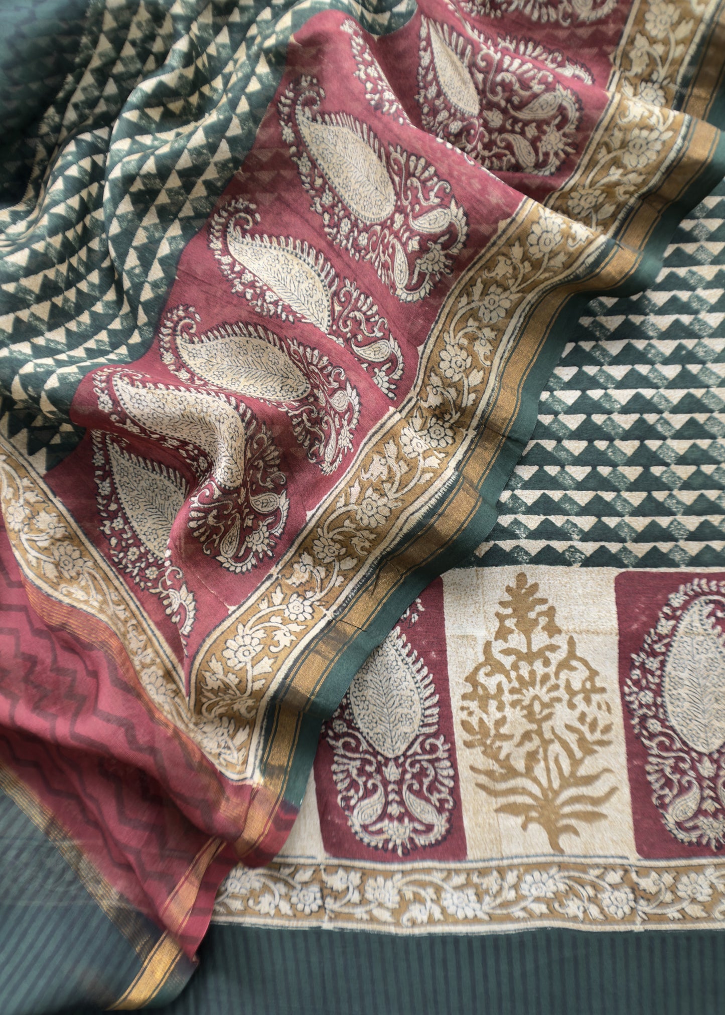 Green Handloom Maheshwari Silk Suit With Hand Block Print